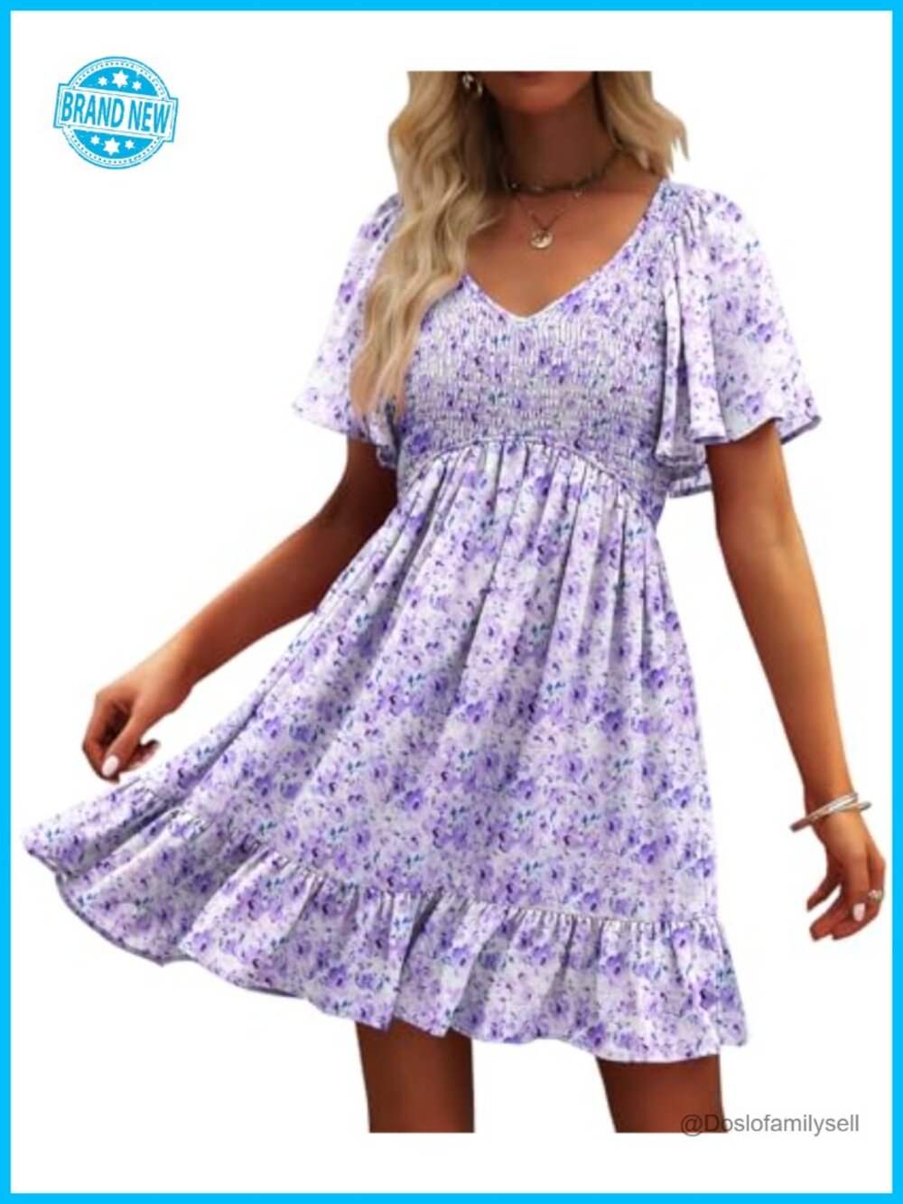 Smocked V-Neck Floral Summer Sun Dress with Flutter Sleeves